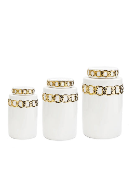 White Ceramic Kitchen Jars with Luxury Gold Chain Details with Lids - KYA Home Decor