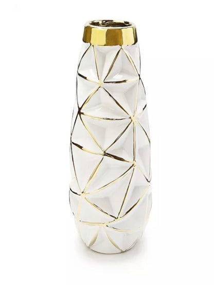 White and Gold Ceramic Decorative Vase With Luxurious Geometric Design - KYA Home Decor