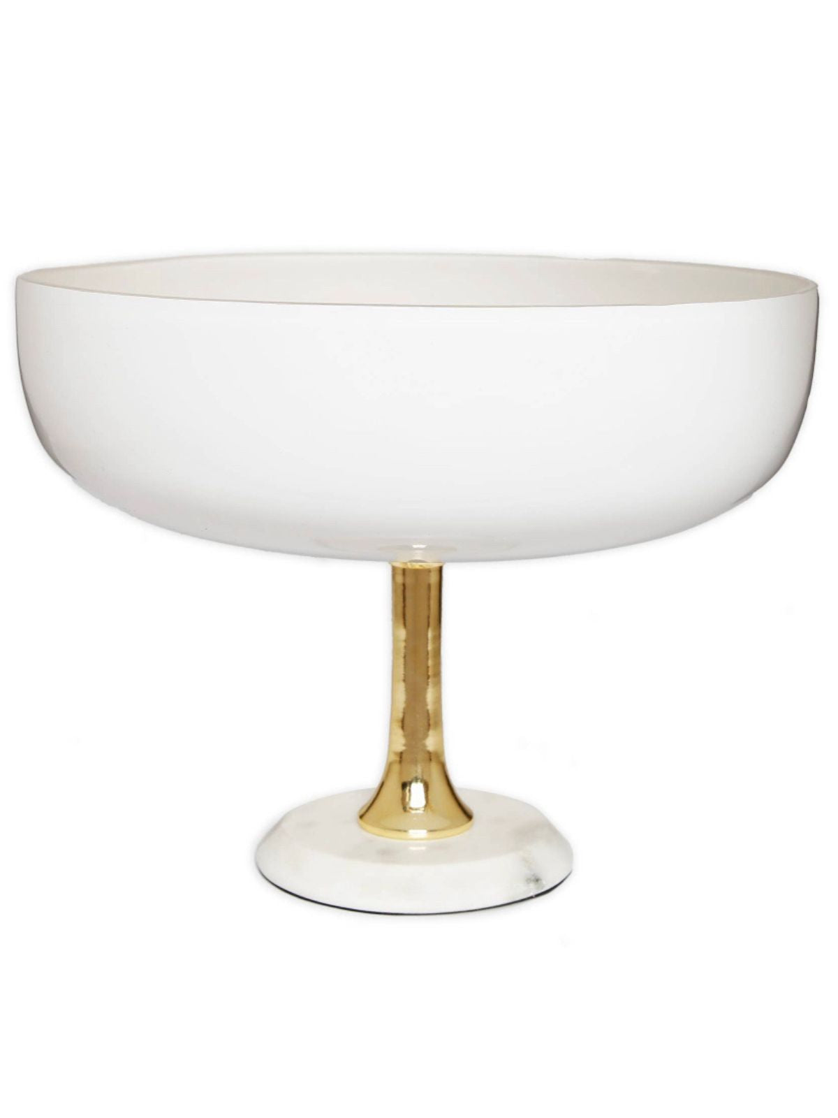Luxury white glass decorative bowl with a lustrous gold stem sitting on sturdy marble base, 11.75D x 7H. 