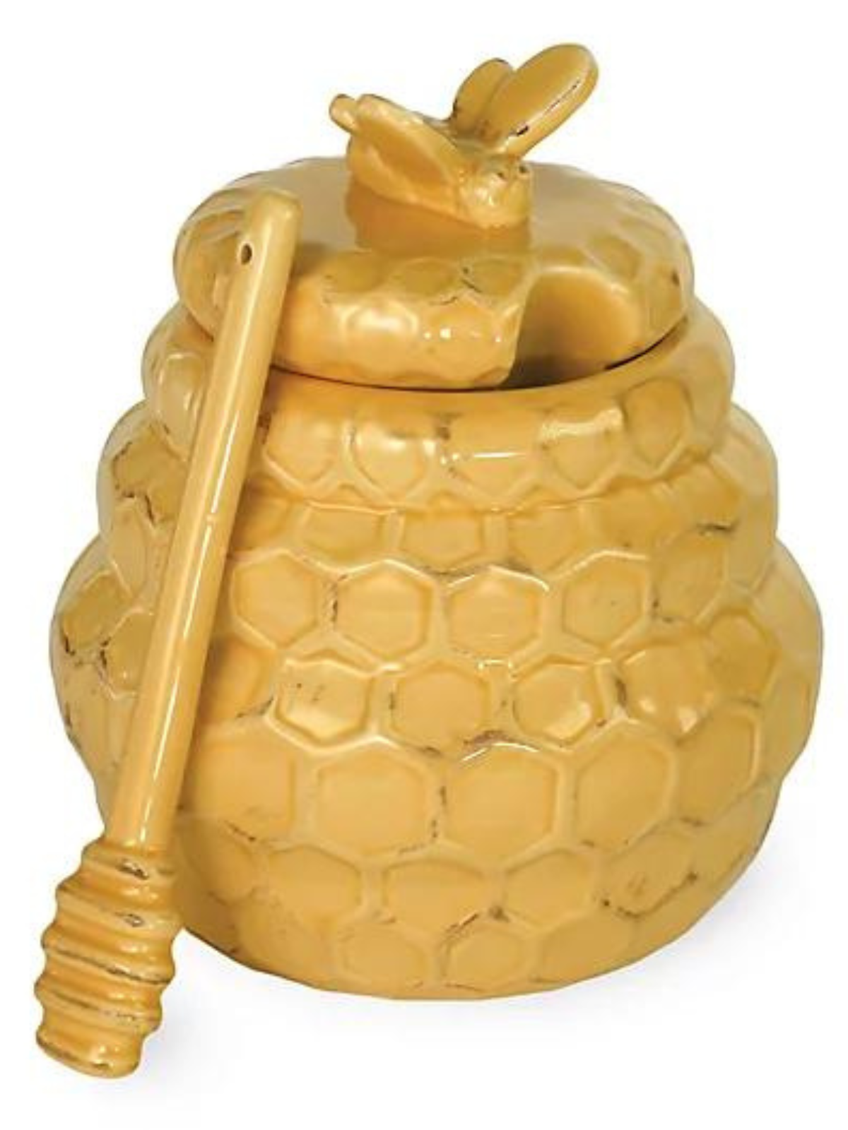 Make a bold statement with this charming Honeycomb Pot and Dipper Set. Crafted in durable ceramic, each dark yellow piece is embossed with a honeycomb pattern and a bee. Light distressing completes this buzz-worthy look.  