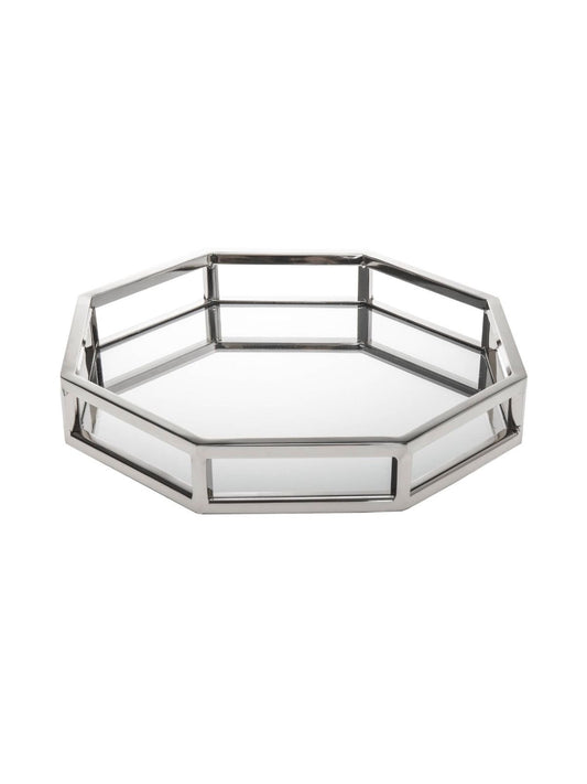 This beautiful mirrored tray features a chrome finish and an attractive 10 inch octagonal design