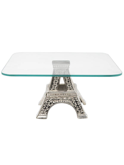 This 12D Decorative Glass Cake Stand has an Exquisite Silver Eiffel Tower Design underneath.
