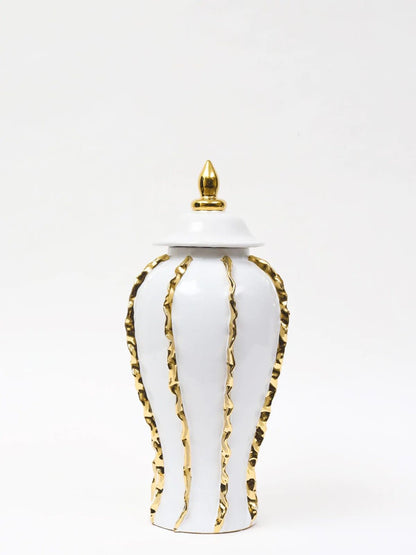 18H White Ceramic Ginger Jar with Gold Ruffle Details and removable lid. Sold by KYA Home Decor.