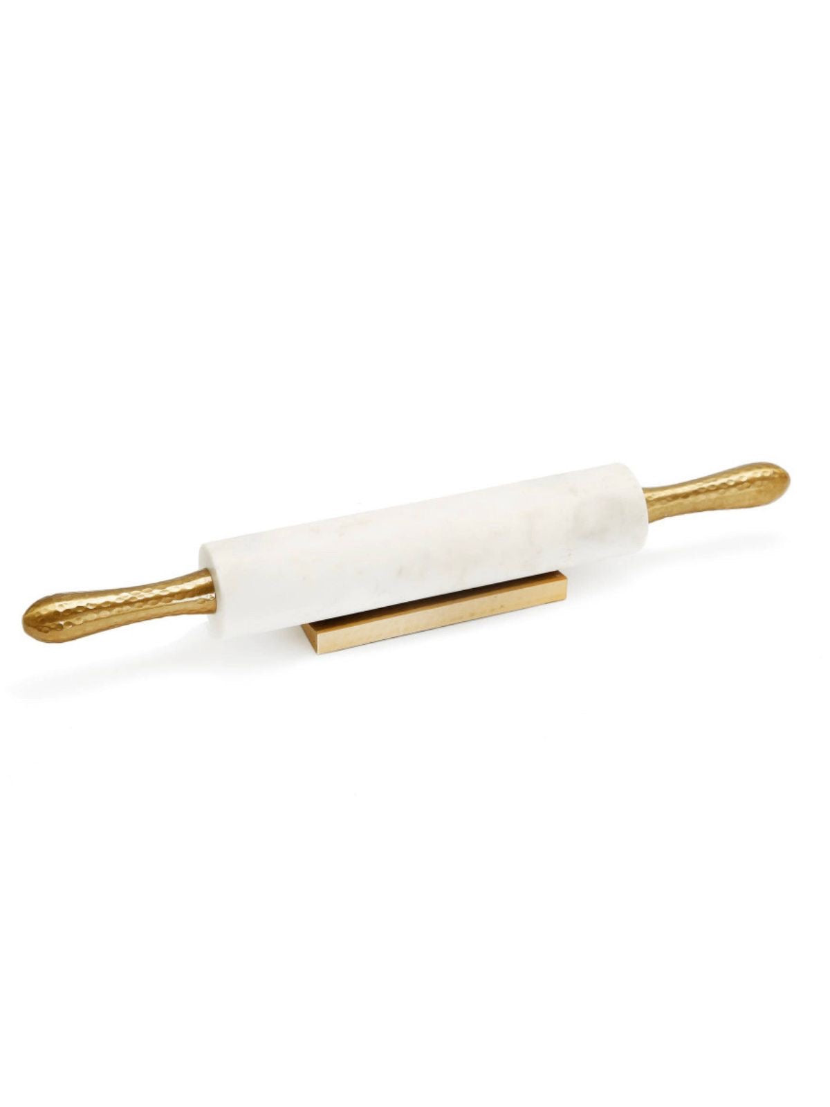 100% marble rolling pin with stainless steel gold-tone hammered textured handles and base.