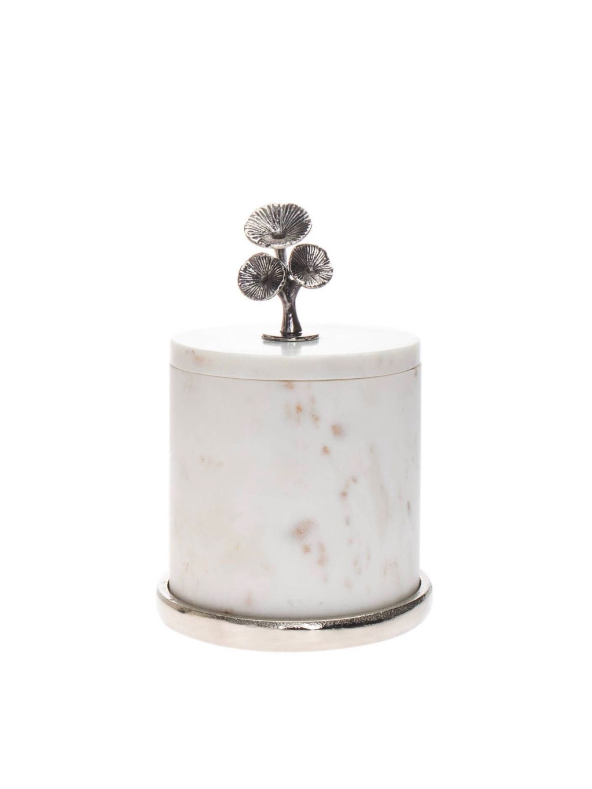 5.5H White Marble Luxury Kitchen Canisters with Silver Metal Floral Design on Lids - KYA Home Decor.