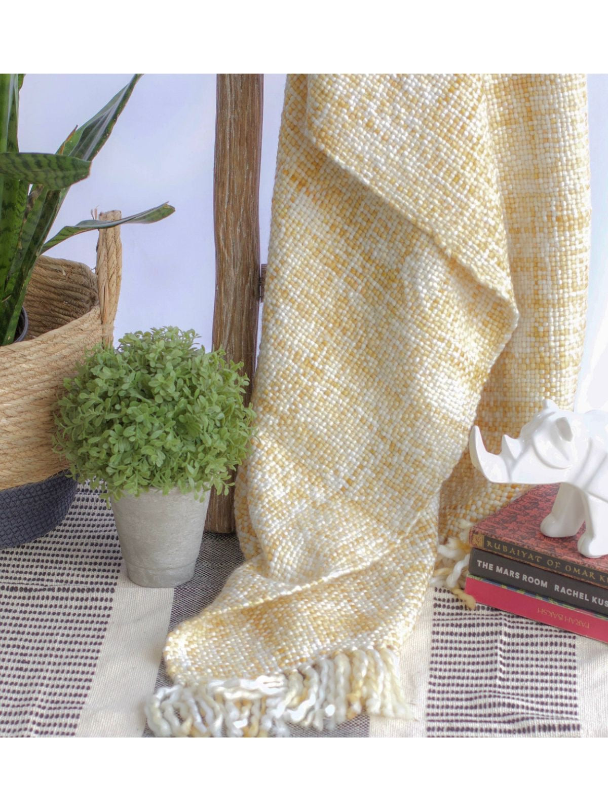Yellow Marled Basketweave Plush Knit 100% acrylic yarn Decorative Throw, 50W x 60L. 