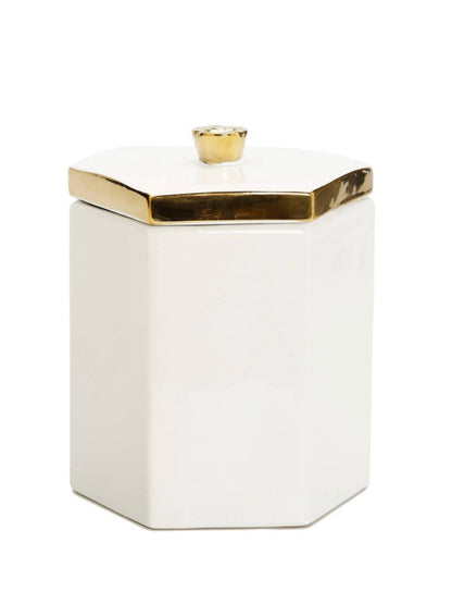 7.4H Decorative White Ceramic Jar with Luxury Gold Flower Knob and Lid - KYA Home Decor