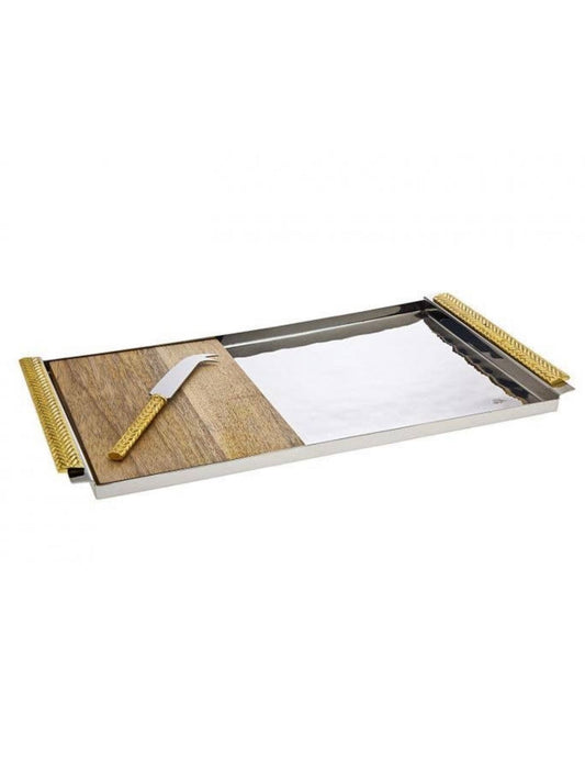 Stainless Steel Serving Tray with Gold Herringbone Designed Brass Handles with Wood Insert and Knife.