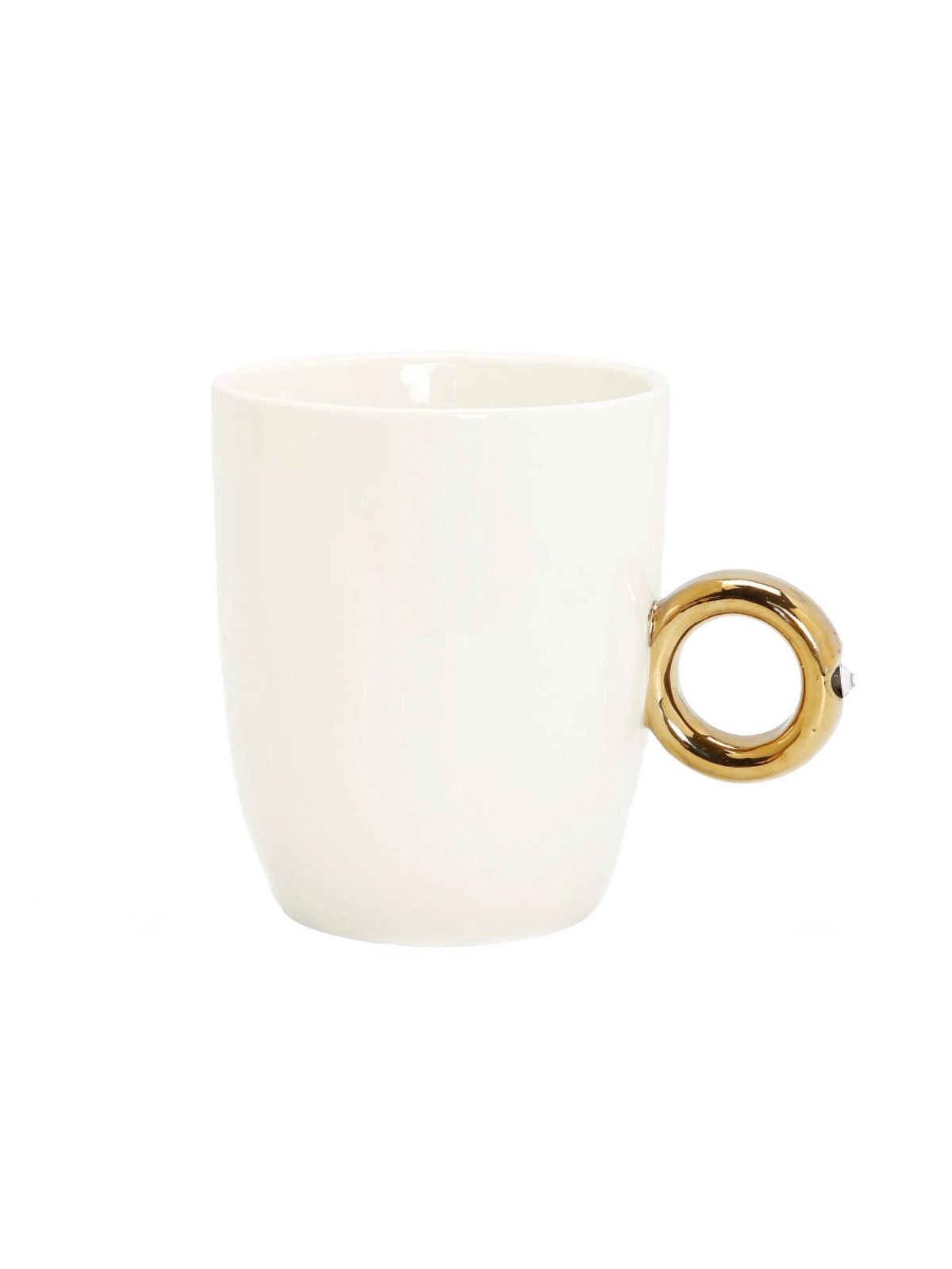 This is a gorgeous white and gold coffee mug with beautiful gold handle. Its gold ring handle and clear crystal detail is sure to become a favorite on your coffee station.  