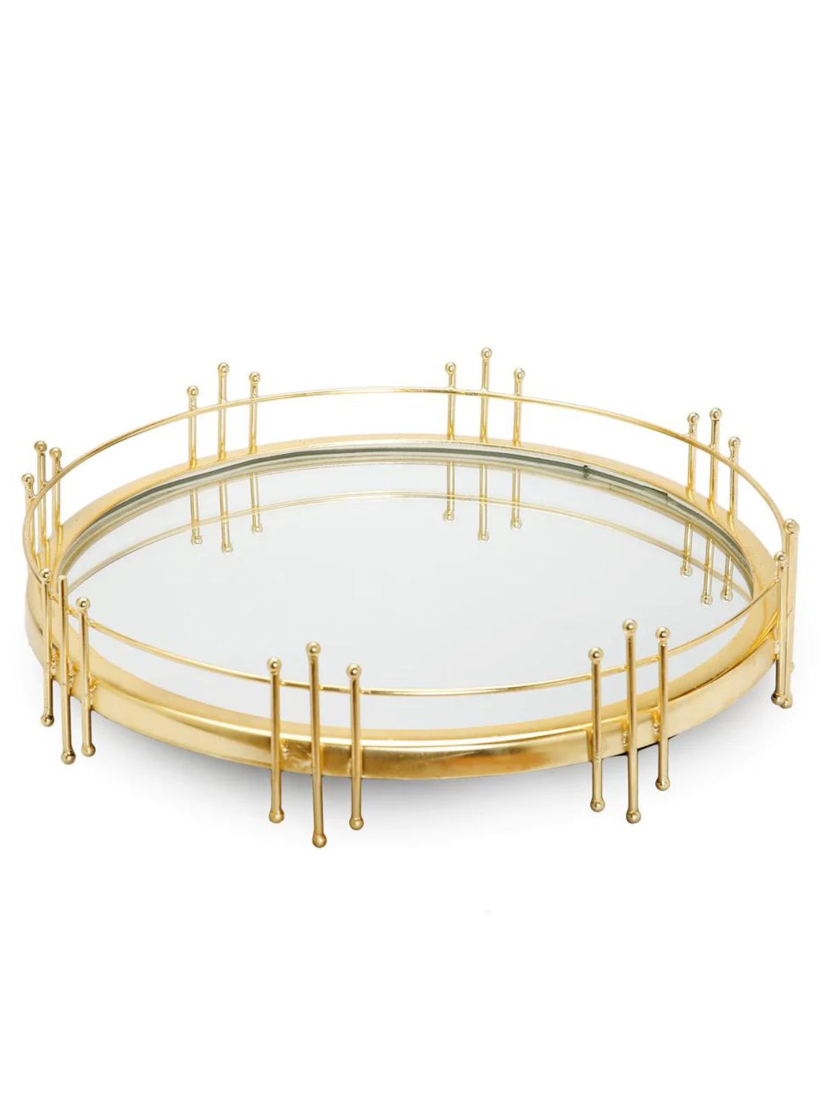 14D Round Mirror Tray with Gold Symmetrical Design Metal Border. Sold by KYA Home Decor.