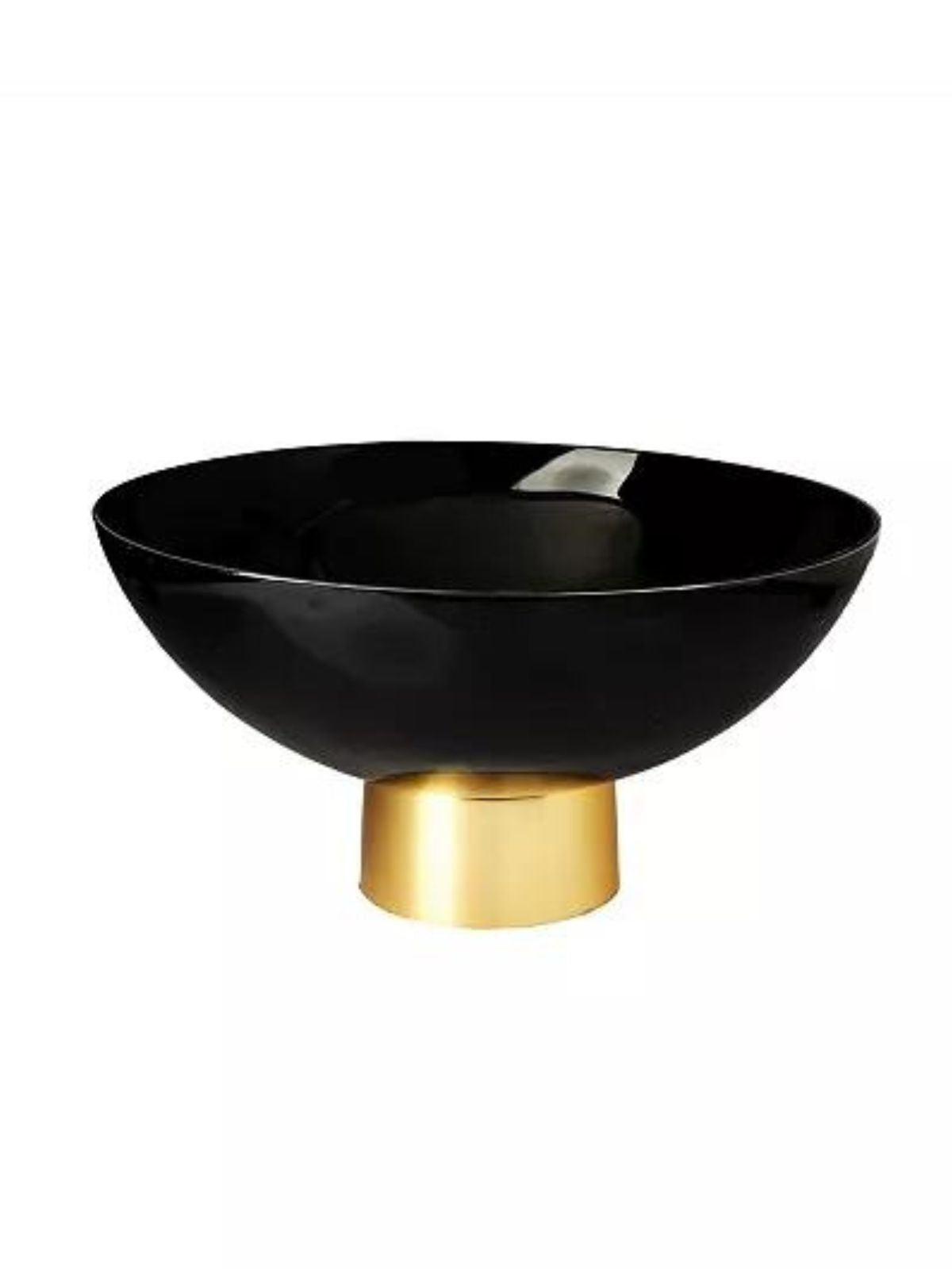 Black Glass Footed Serving Bowl on Lustrous Gold Base, 11.5D. 