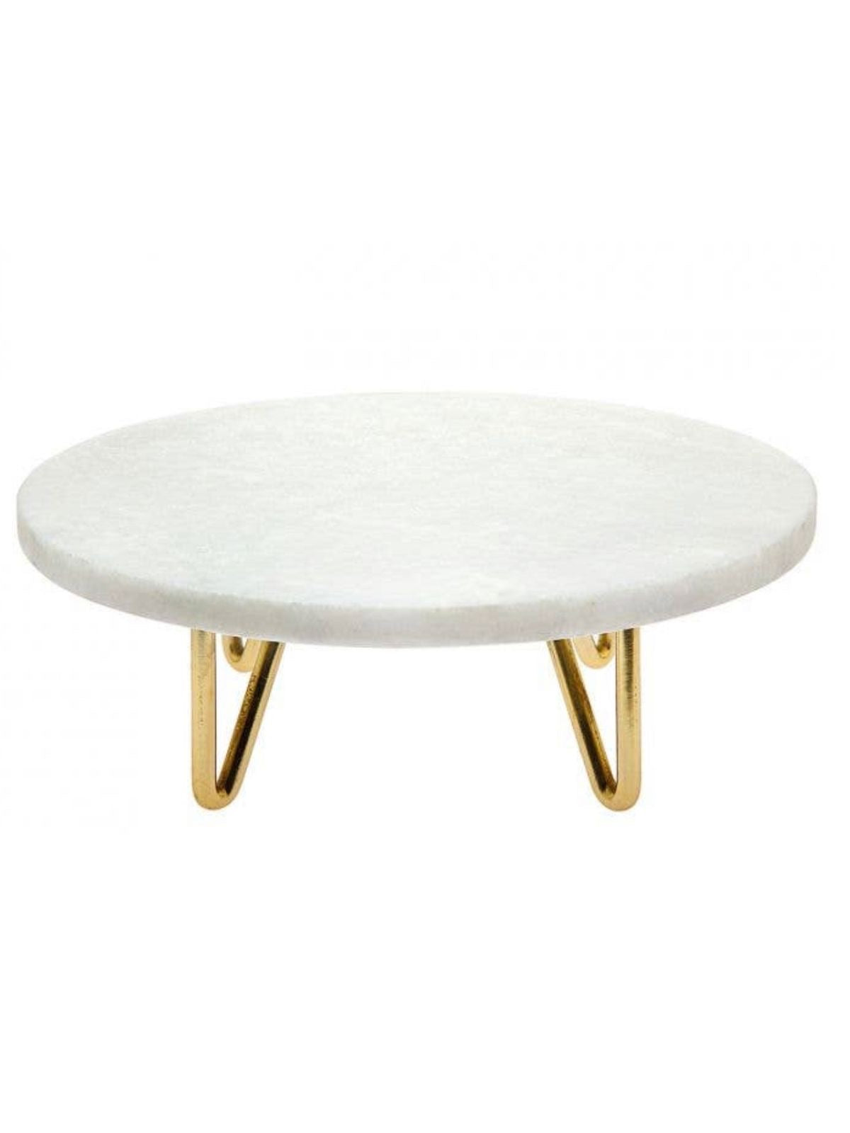 L 10.5D Modern Cake Stand Crafted of White Marble With Gold-Plated Legs.