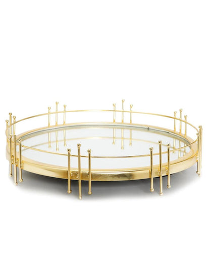 14D Round Mirror Tray with Gold Symmetrical Design Metal Border.