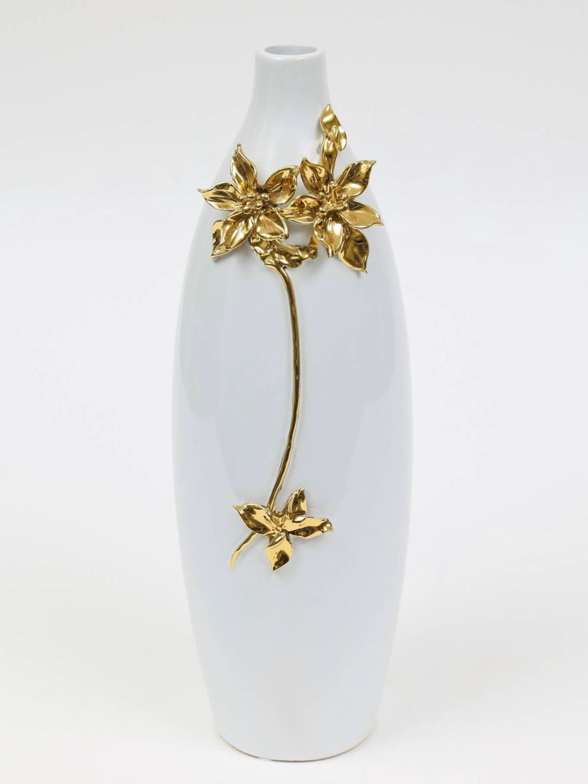18 inch Tall White Vase with Gold Tone Flower Petals Design.