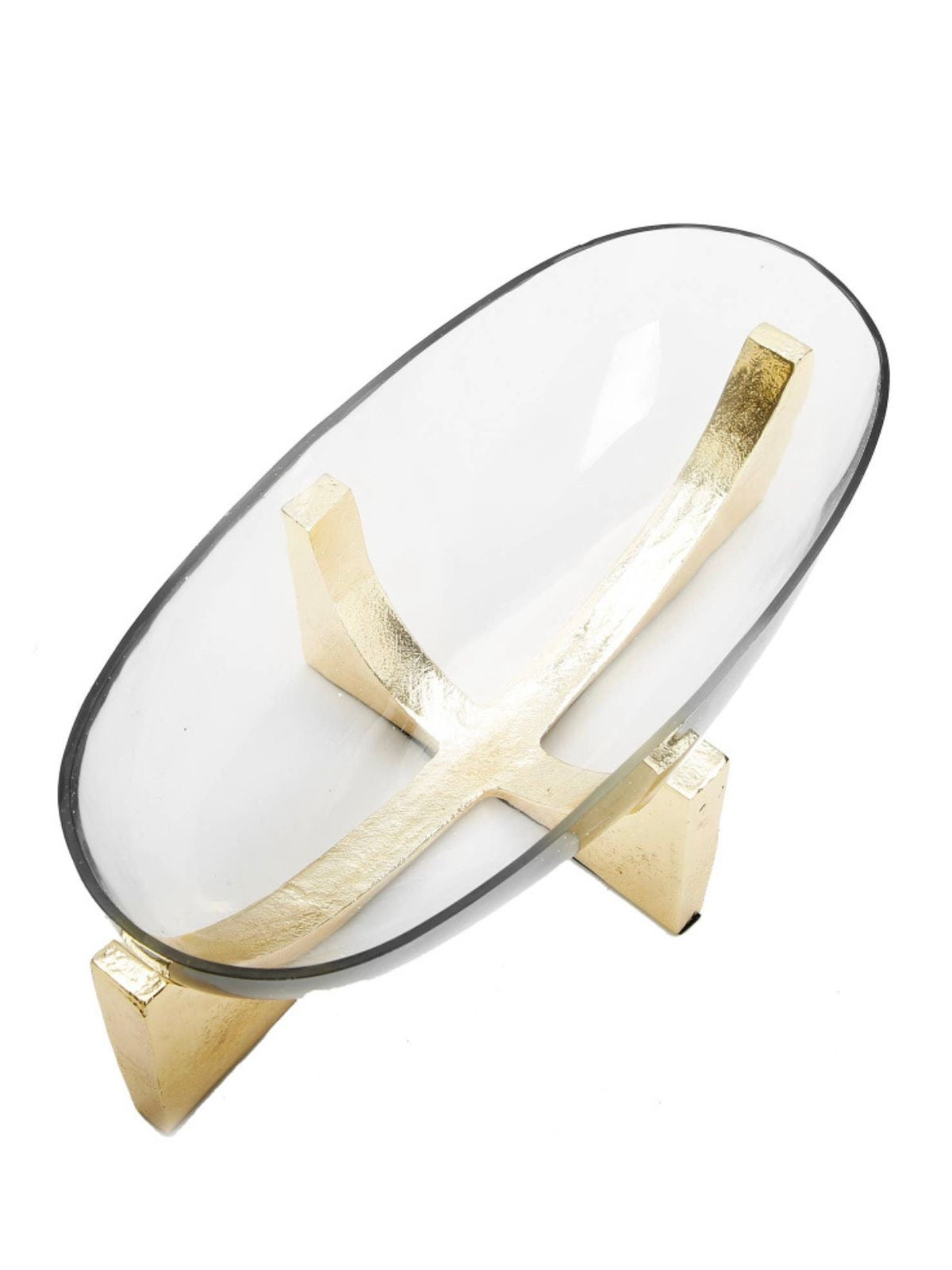 12L x 5W Glass Oval Bowl On Gold Stainless Steel Block Base Top View.