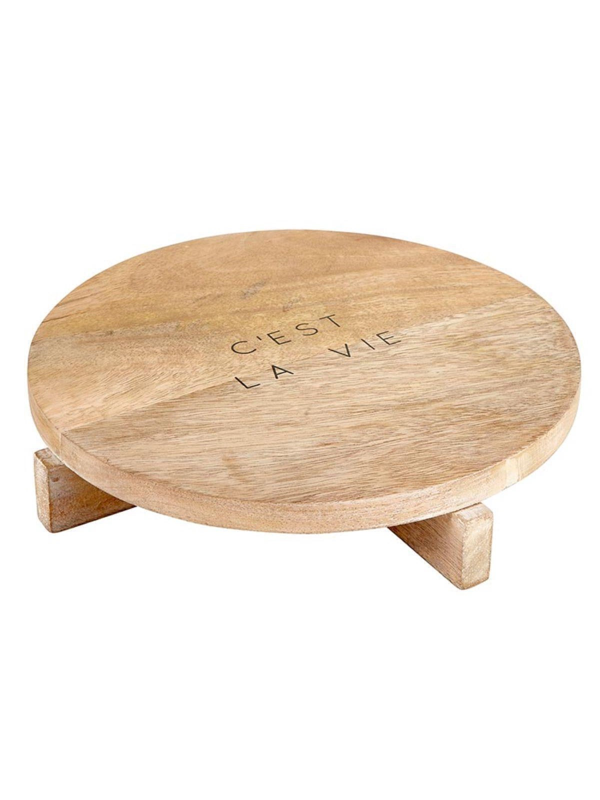 Mango Wood Round Pedestal Cheese Board With C'est La Vie Print, Sideview.