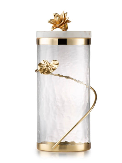 10H Luxury Glass Canister With Gold Heart and Flower Knob Design on Marble Lid - KYA Home Decor. 