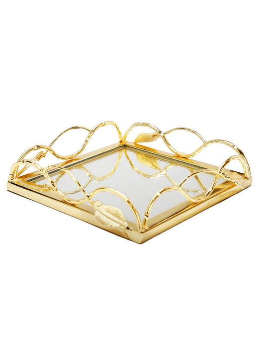 8 inch Squared Stainless Steel Gold Napkin Holder With Leaf Design and Mirror Base.
