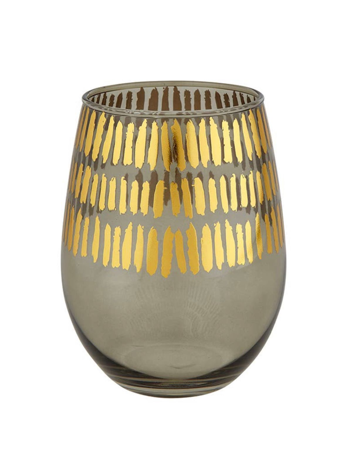 Feel luxurious sipping your favorite wine from these stemless wine glasses. The gold foil detail is elegant. Comes in Set of 2 20oz glasses Measuring 4.5H Available at KYA Home Decor  
