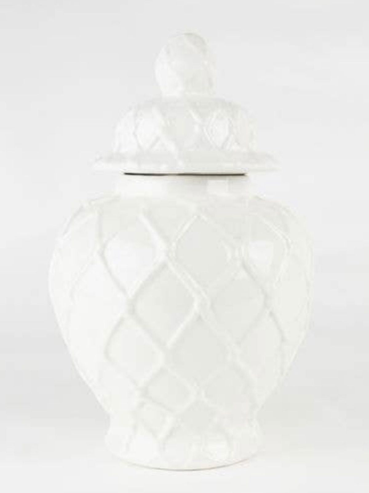 White Ginger Jar with Roped Diamond Design - 10 inch