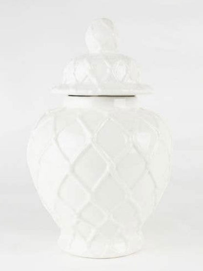 White Ginger Jar with Roped Diamond Design - 10 inch