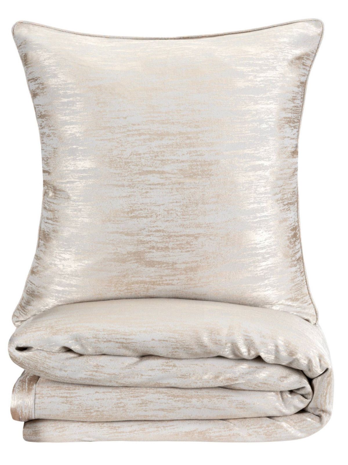 Gold Jacquard Duvet with matching standard shams. Flange on Duvet and shams sold by KYA Home Decor.