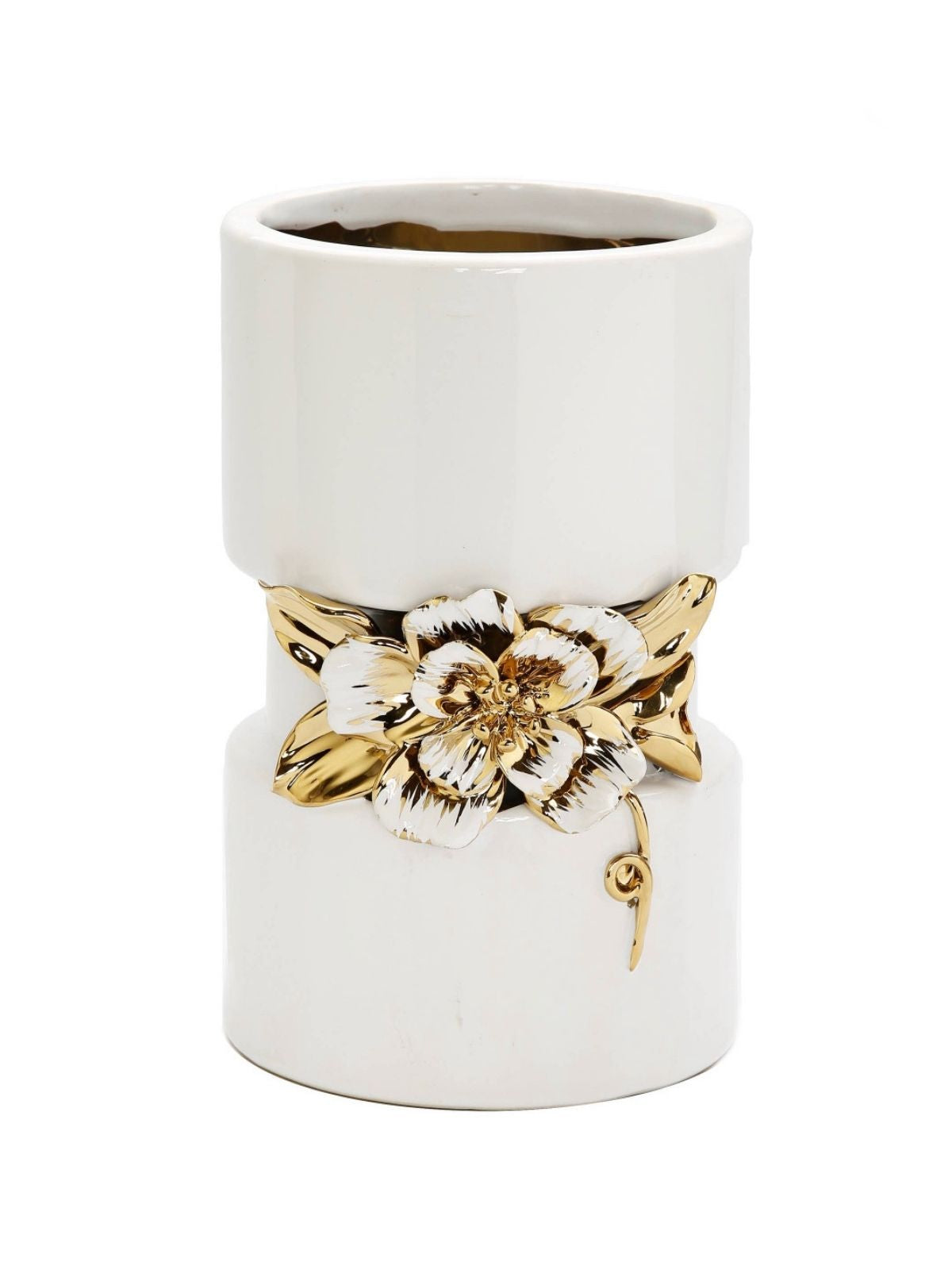 White Ceramic Decorative Vase With Luxury Gold 3D Floral Detailed Center - KYA Home Decor