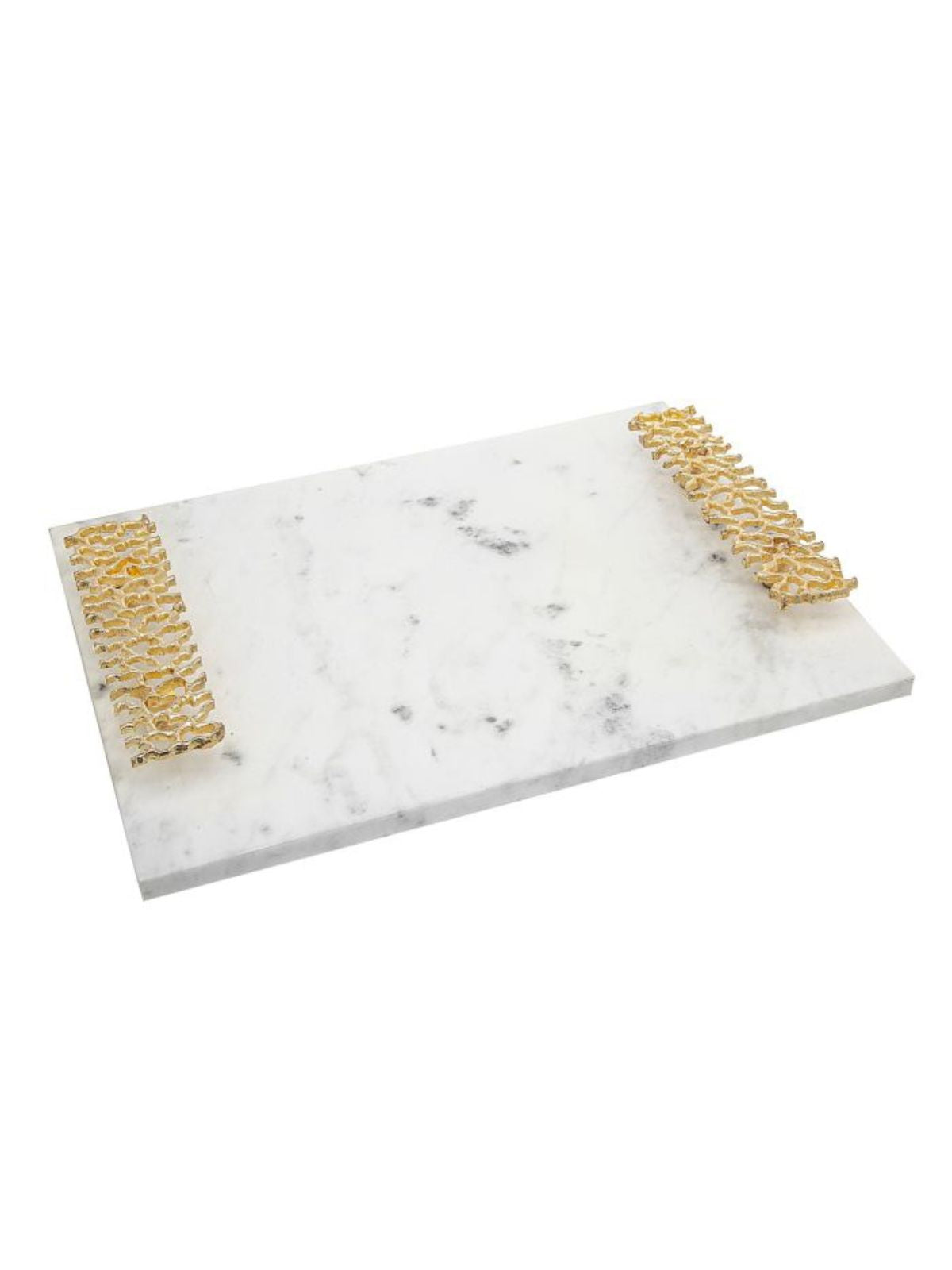 White Marble Decorative Tray with Luxury Gold Pierced Brass Handles, 16L x 12W. 