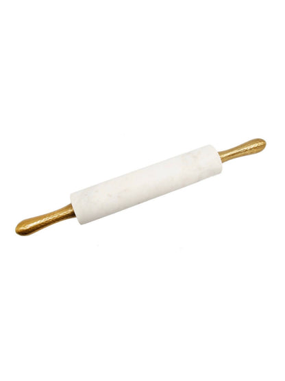 Marble rolling pin with stainless steel gold-tone hammered textured handles and base.