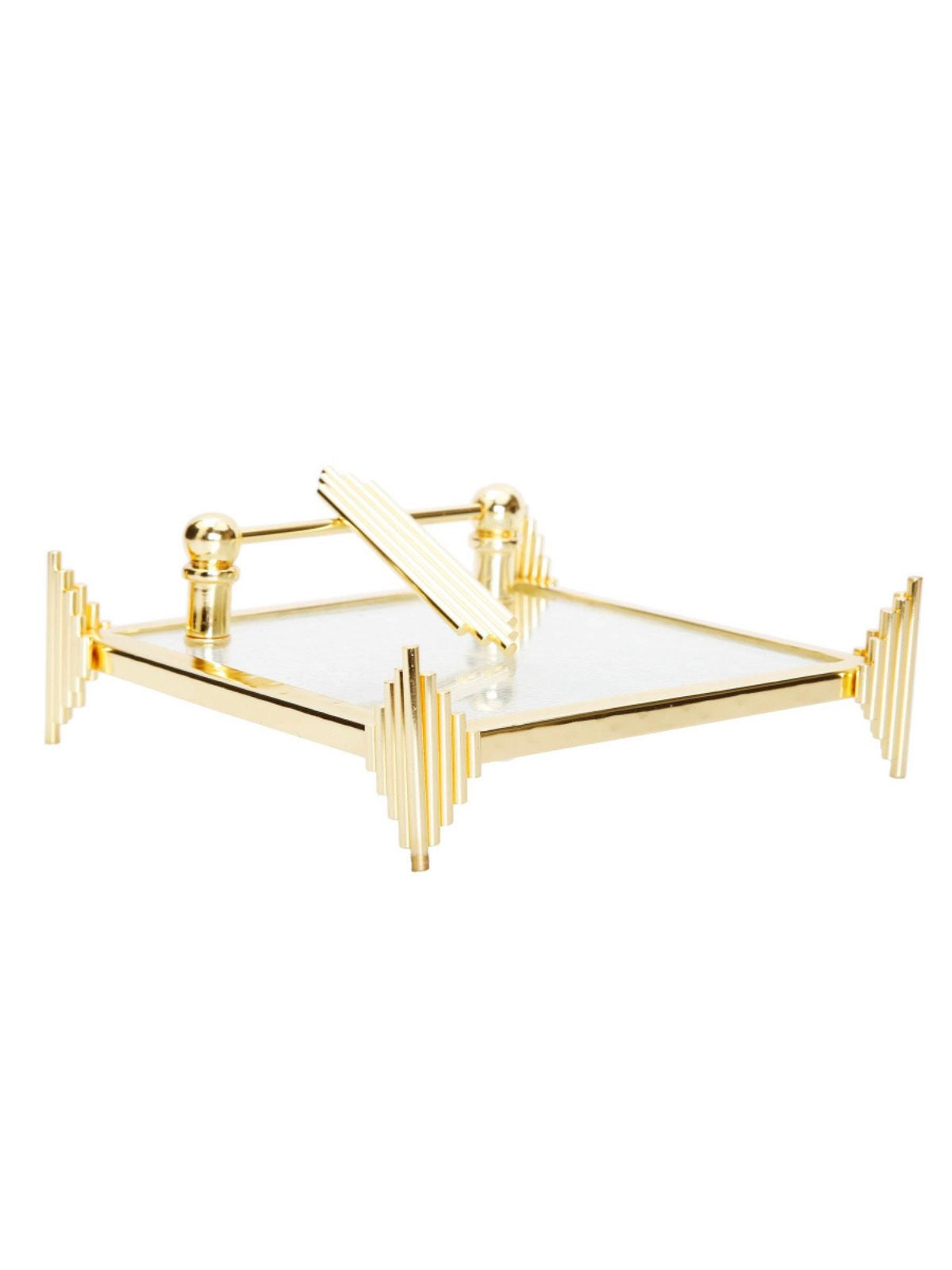Stainless steel and glass napkin holder with symmetrical lines and lustrous gold color. Has weighted tongue that keeps napkins neatly in place.