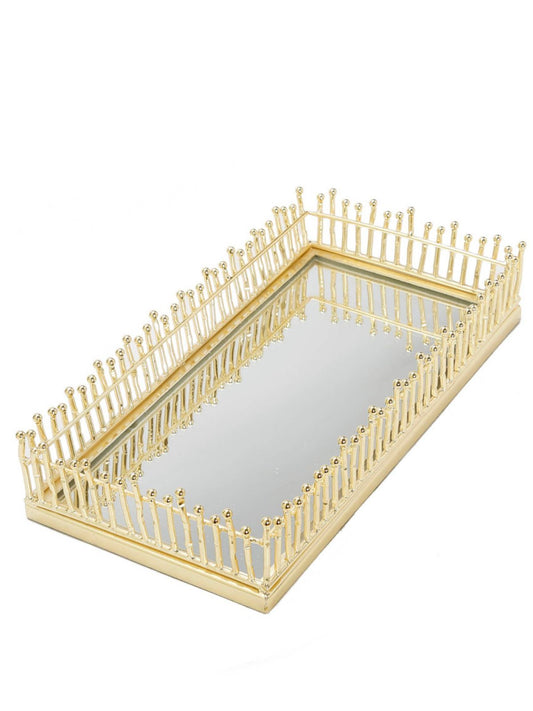 Rectangular Mirror Tray with Gold Linear Design, 14L x 7W.