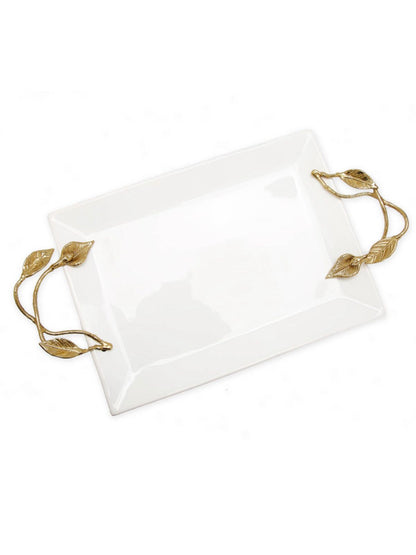 White Ceramic Tray with luxurious Gold Leaf Designed Handles Sold by KYA Home Decor.