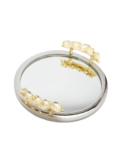 12D round silver mirrored tray with gold leaf handles