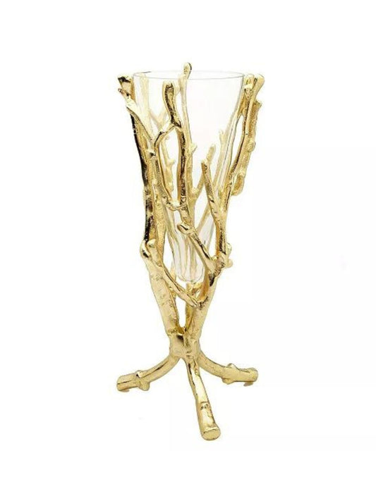 13H Gold Metal Branch Floral Designer Vase with Luxurious Glass Insert - KYA Home Decor.