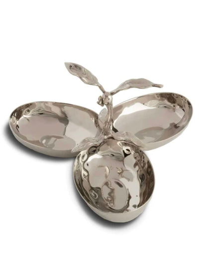 This 9in triple server has a hammered texture with a handmade feel. Each richly detailed piece features lush olive branches beautifully crafted in silver stainless steel for a sophisticated, stylish look. Sold by KYA Home Decor