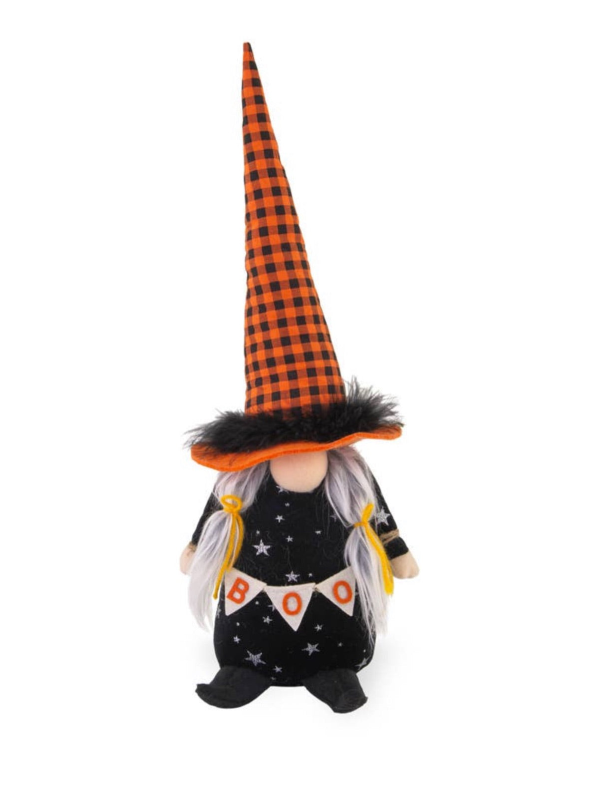 Mix spooky and cute together with this Boston International Winnie Witch BOO Gnome. Featuring a checkered orange and black hat with a starry dress, this gnome curates the Halloween mood in your home