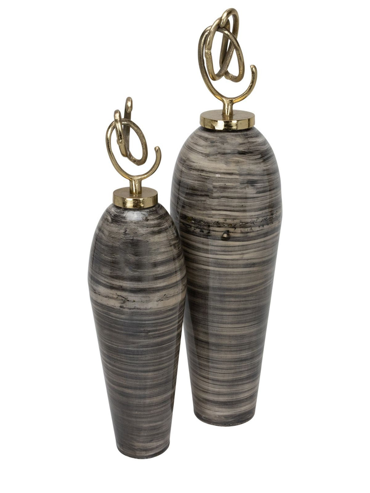 This Set of 2 trophy ceramic gray jars has a detail at the top with gold metal lids - KYA Home Decor. 