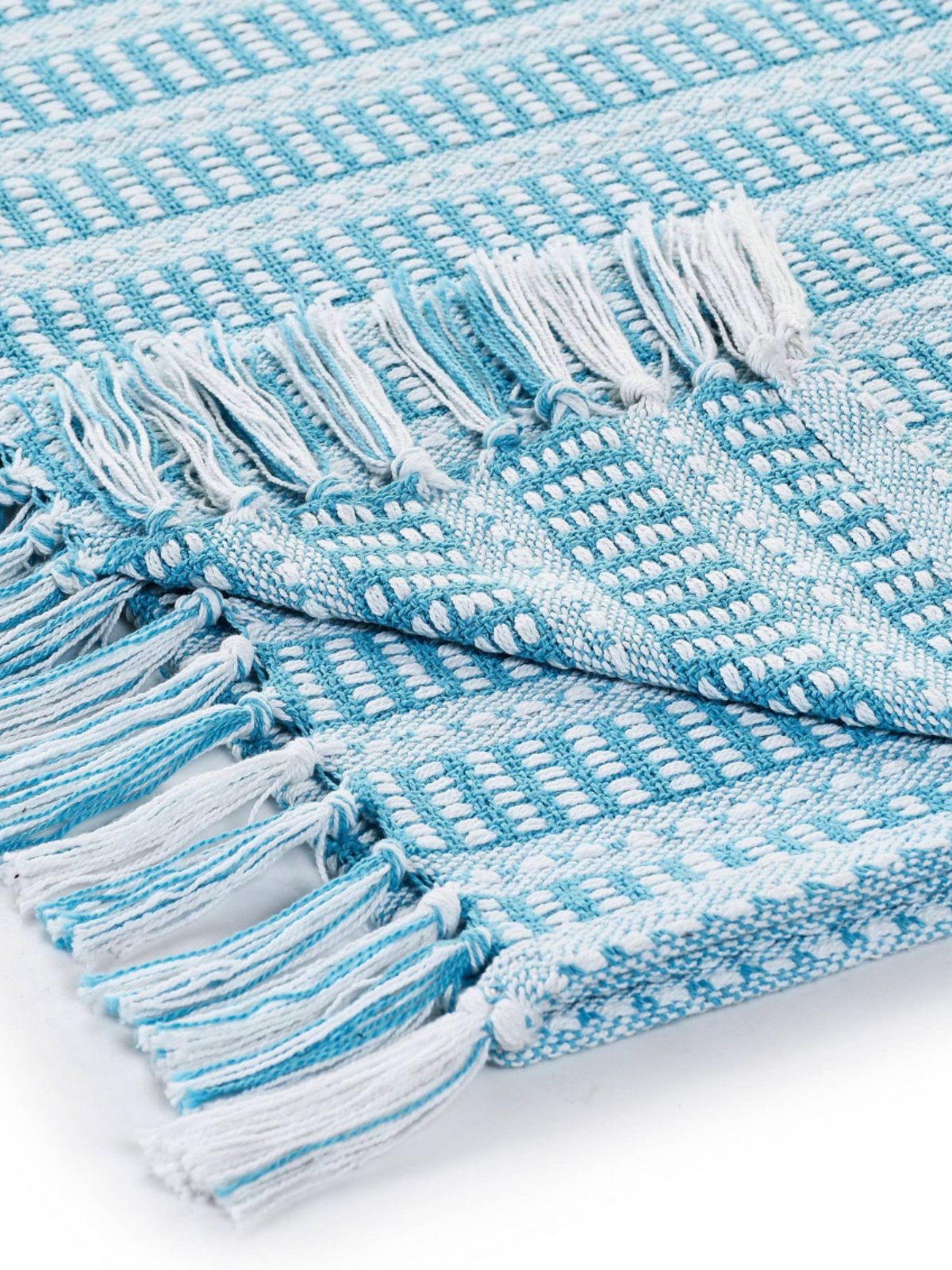 100% Cotton Handmade Flat-Woven Maui Blue and White Geometric Striped Lightweight Decorative Throw Blanket with Corner Tassel.