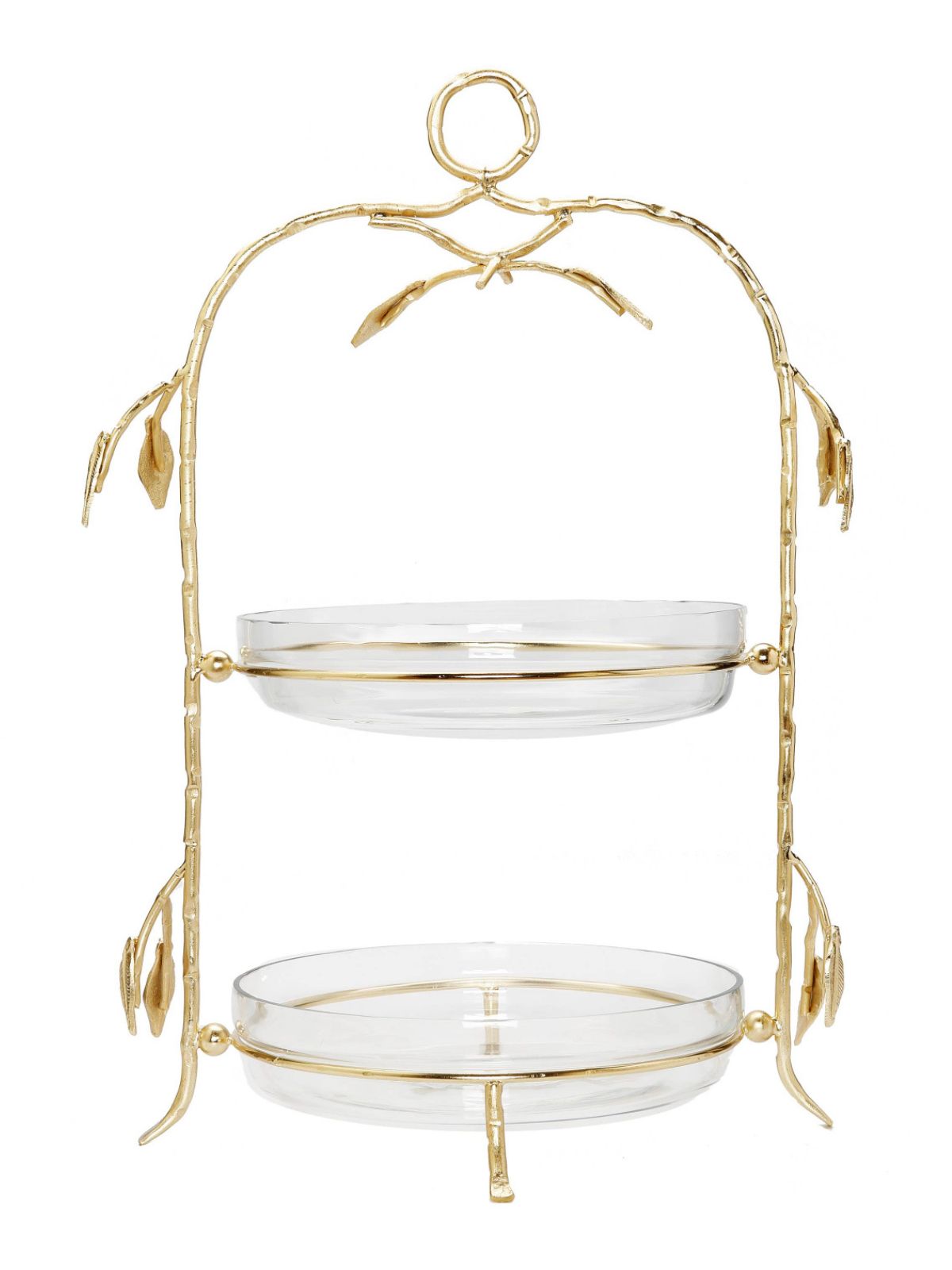 This 2 tier stand features two glass bowls on a gold stainless steel branch and leaf base. 