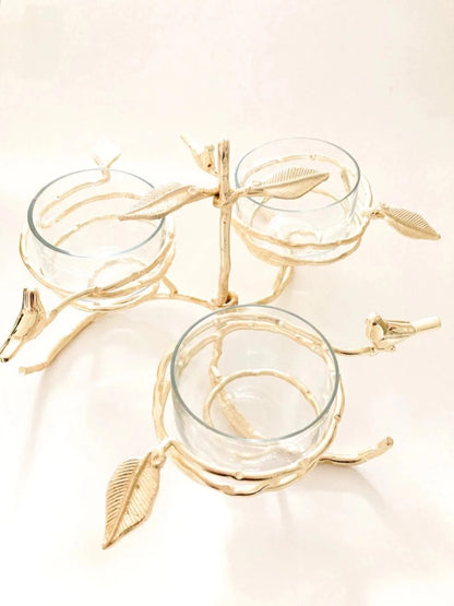 3 Glass Bowl Inserts With A Stainless Steel Gold Leaf Base sold by KYA Home Decor.
