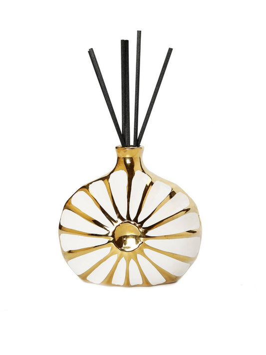 Iris and Rose Scented White Ceramic Reed Diffuser with Gold Ruffled Design sold by KYA Home Decor. 