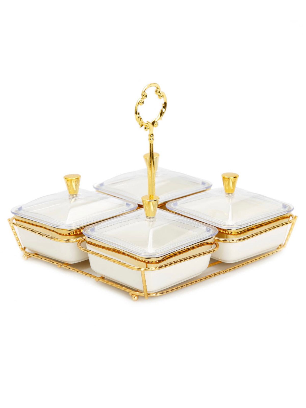 Bring sheer elegance to the table with this porcelain relish dish featuring 4 bowls on a gold base. Its brilliant, white body is enhanced by an elegant gold sculpting along the base and middle. It includes covers to ensure a spill-free serving experience