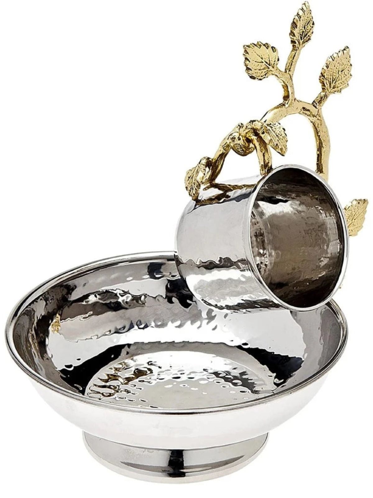 Stainless Steel Bowl with Wash Cup and Gold Brass Leaf Design sold by KYA Home Decor, Measures 6.25D x 5H.