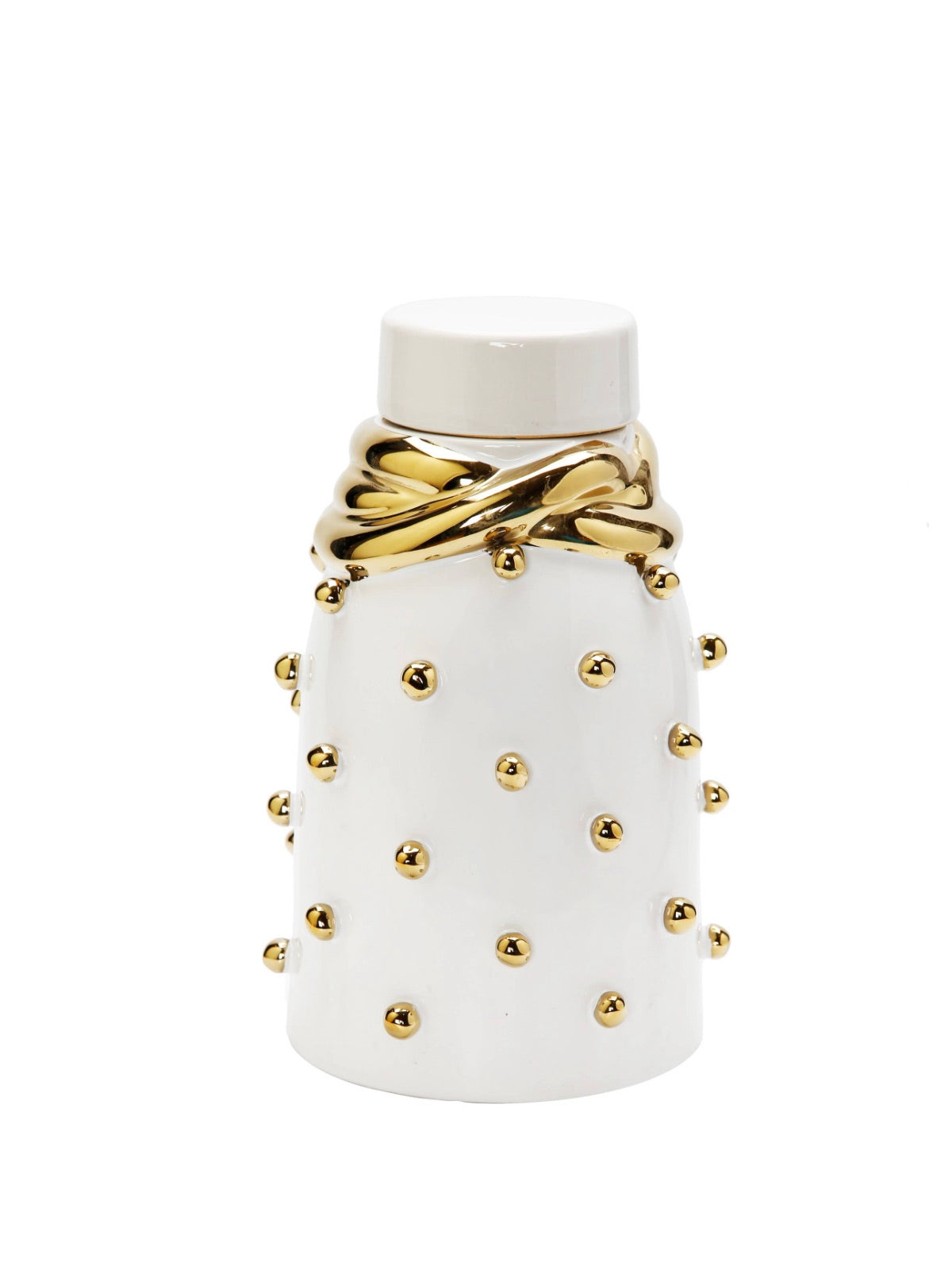 White Ceramic Lidded Jar With Gold Studded Details, Medium.