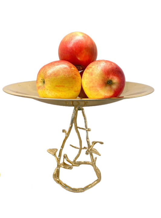 11.75D Stainless Steel Gold Raised Bowl on Leaf Base Displayed with Red Apples.