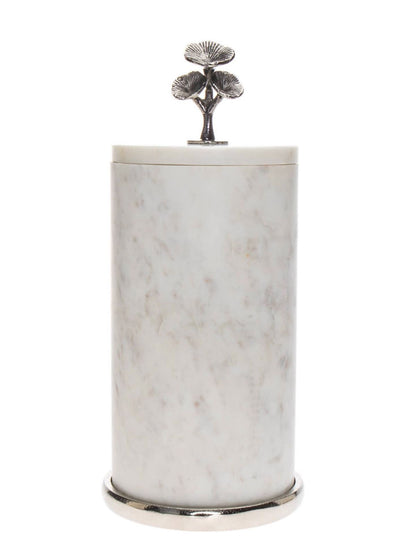 9.5H White Marble Luxury Kitchen Canisters with Silver Metal Floral Design on Lids - KYA Home Decor.