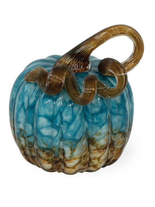 This Copper Canyon Glass Harvest Pumpkin is perfect for bringing decorative beauty to your home. Hand-blown pumpkin displays shades of green and blue and features an accenting textured twisted glass stem on top.  