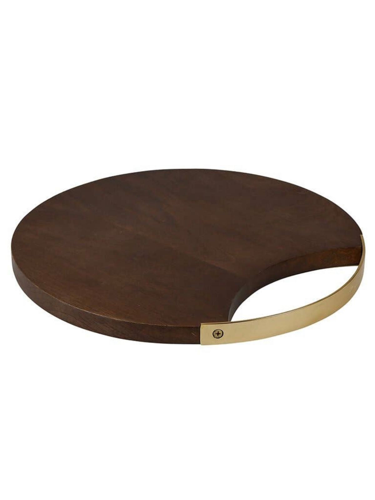 Serve cheeses and appetizers on this Wood and Brass 12in D Round board sold by KYA Home Decor.