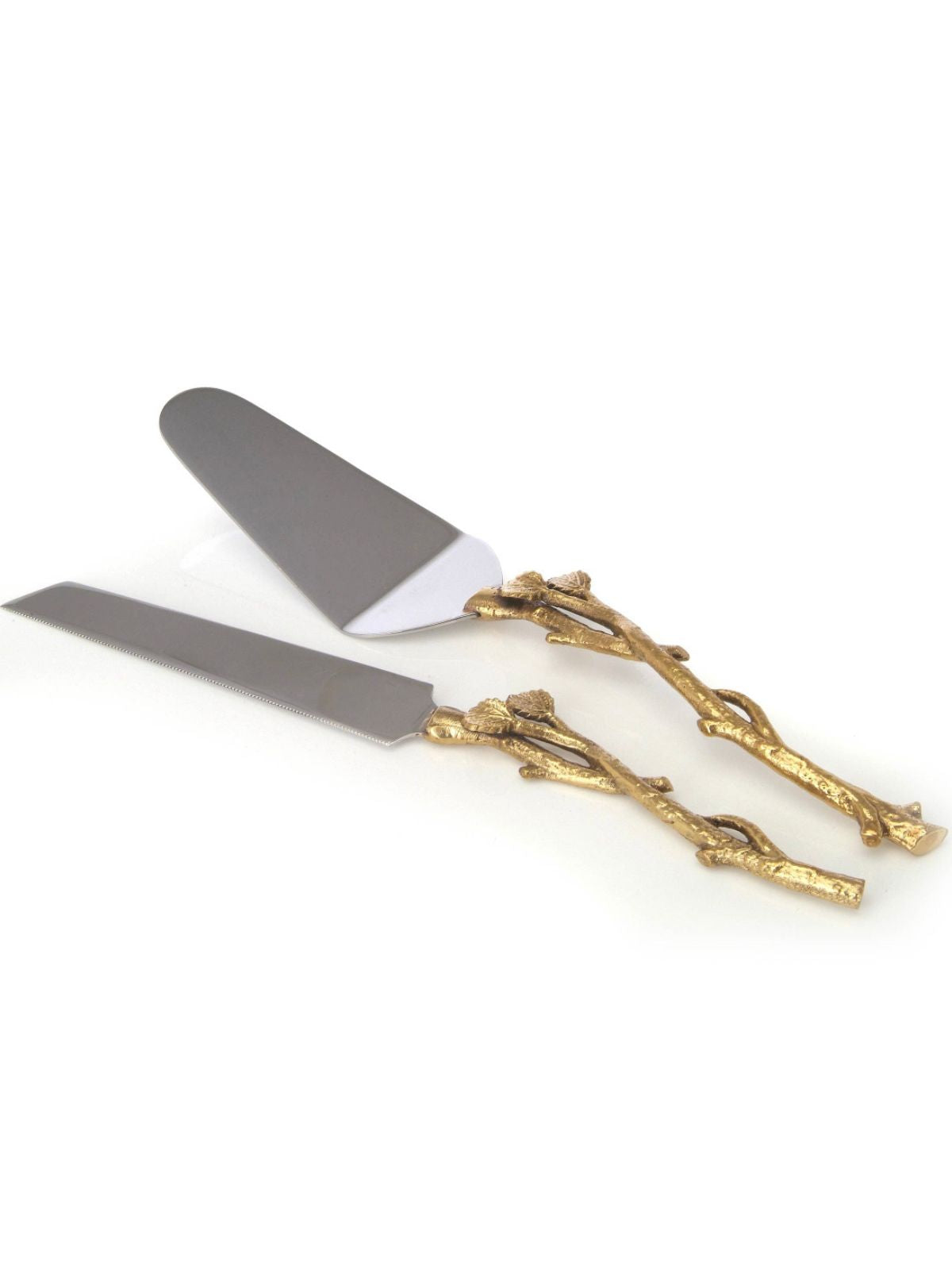 Cake Server and Knife Set With Gold Branch Leaf Designed Handles.