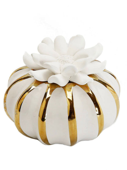 Iris and Rose Scented White and Gold Pumpkin Designed Ceramic Reed Diffuser with White Flower. 